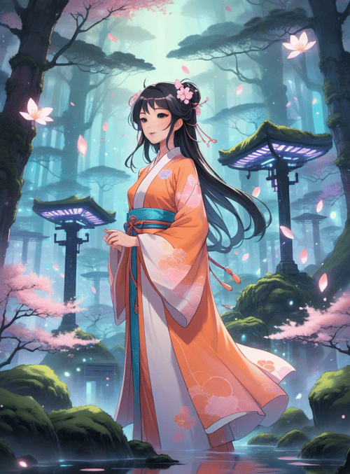 woman, kimono, forest