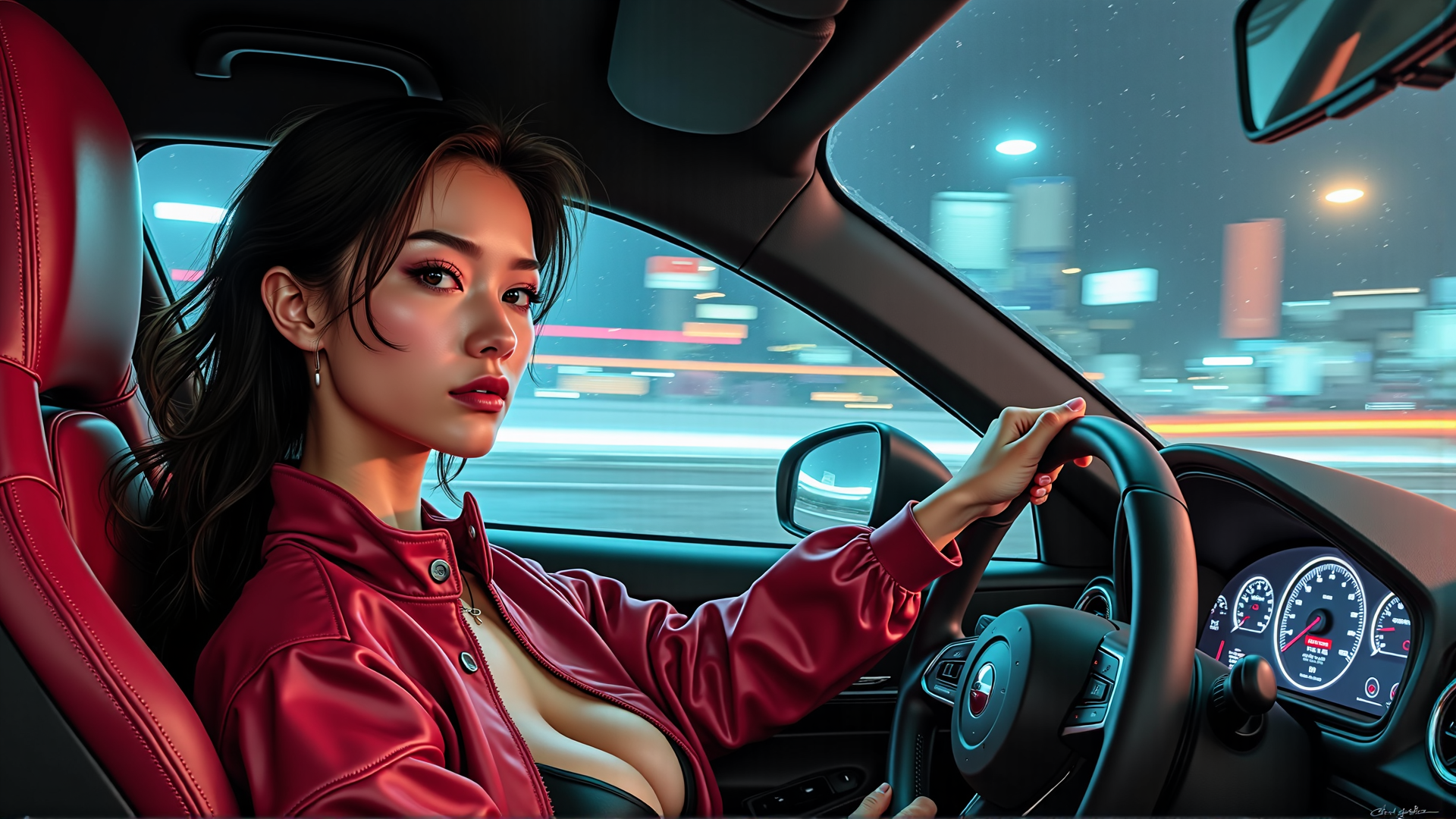 AI generated wallpaper featuring woman, driver, car, steering wheel, city, night