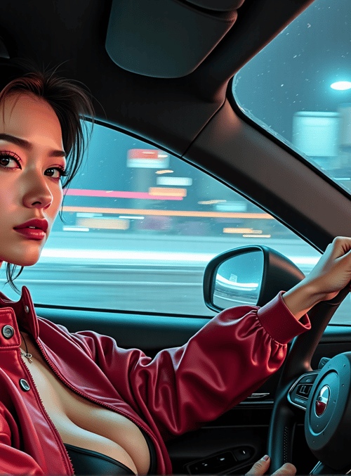 woman, driver, car, steering wheel, city, night
