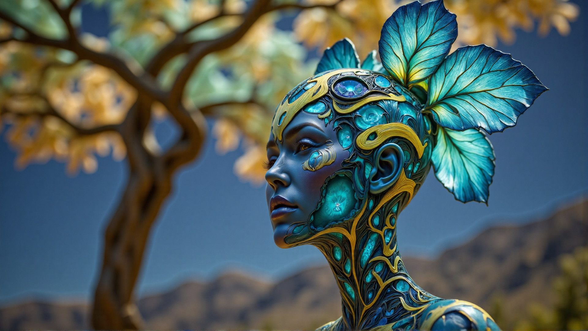 AI generated wallpaper featuring woman, tree, nature, art, leaf, design, face, neck, body