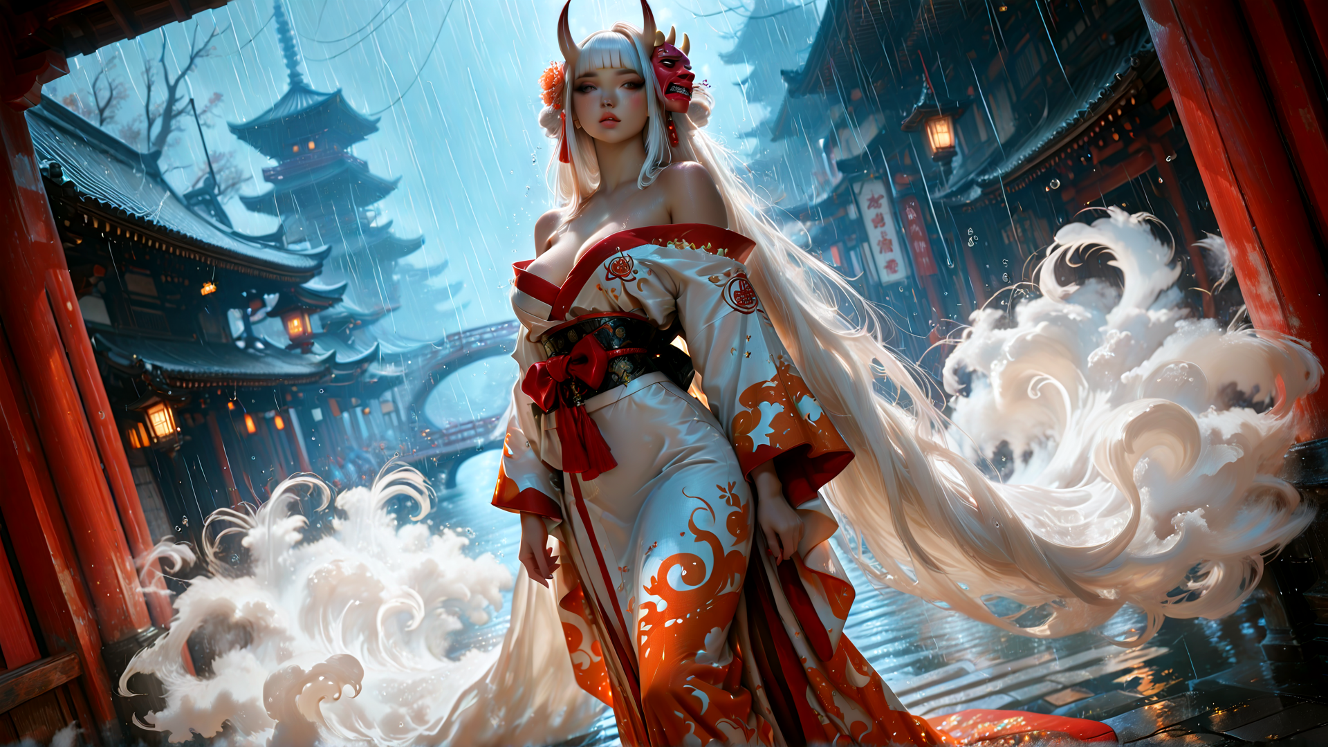 AI generated wallpaper featuring woman, kimono, clouds, pagoda, rain, dragon, lantern, traditional, architecture, deer