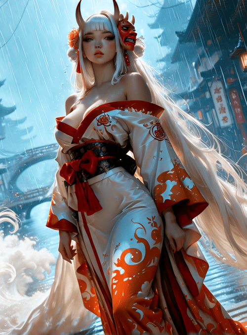woman, kimono, clouds, pagoda, rain, dragon, lantern, traditional, architecture, deer