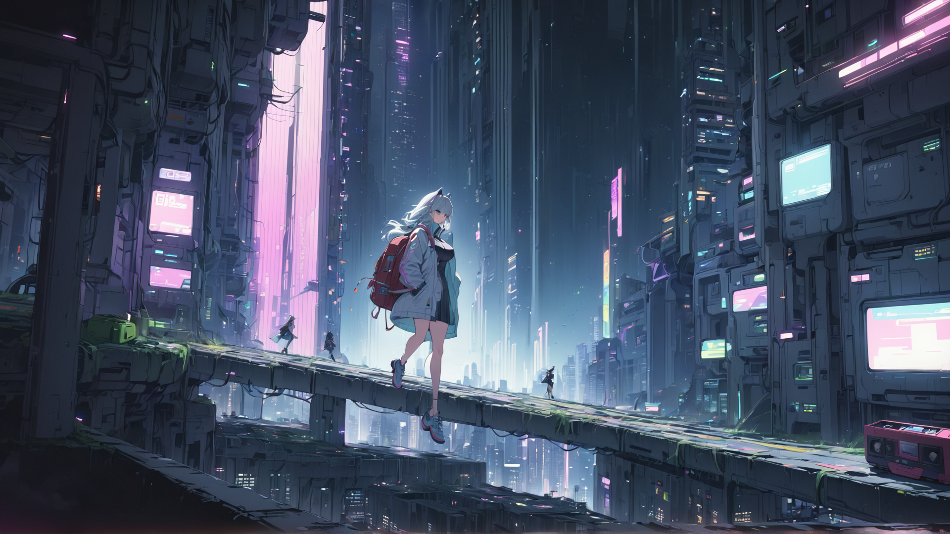 AI generated wallpaper featuring girl, cityscape, skyscraper