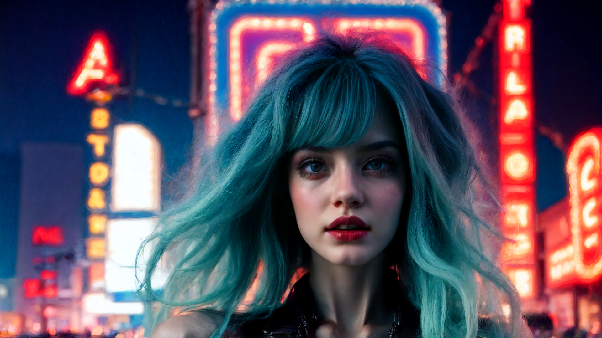 AI generated wallpaper featuring woman, neon, hair
