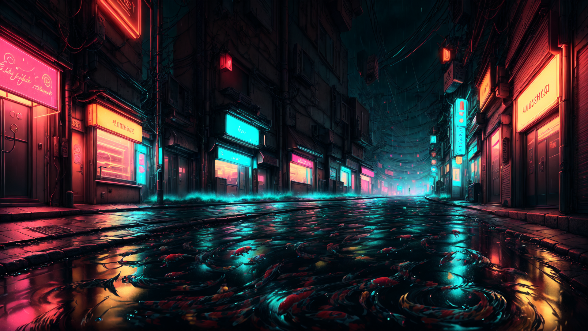 AI generated wallpaper featuring street, neon, fish, buildings, signs, water, city, streetlights, reflection, koi
