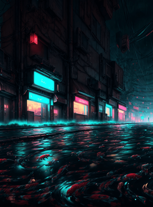 street, neon, fish, buildings, signs, water, city, streetlights, reflection, koi