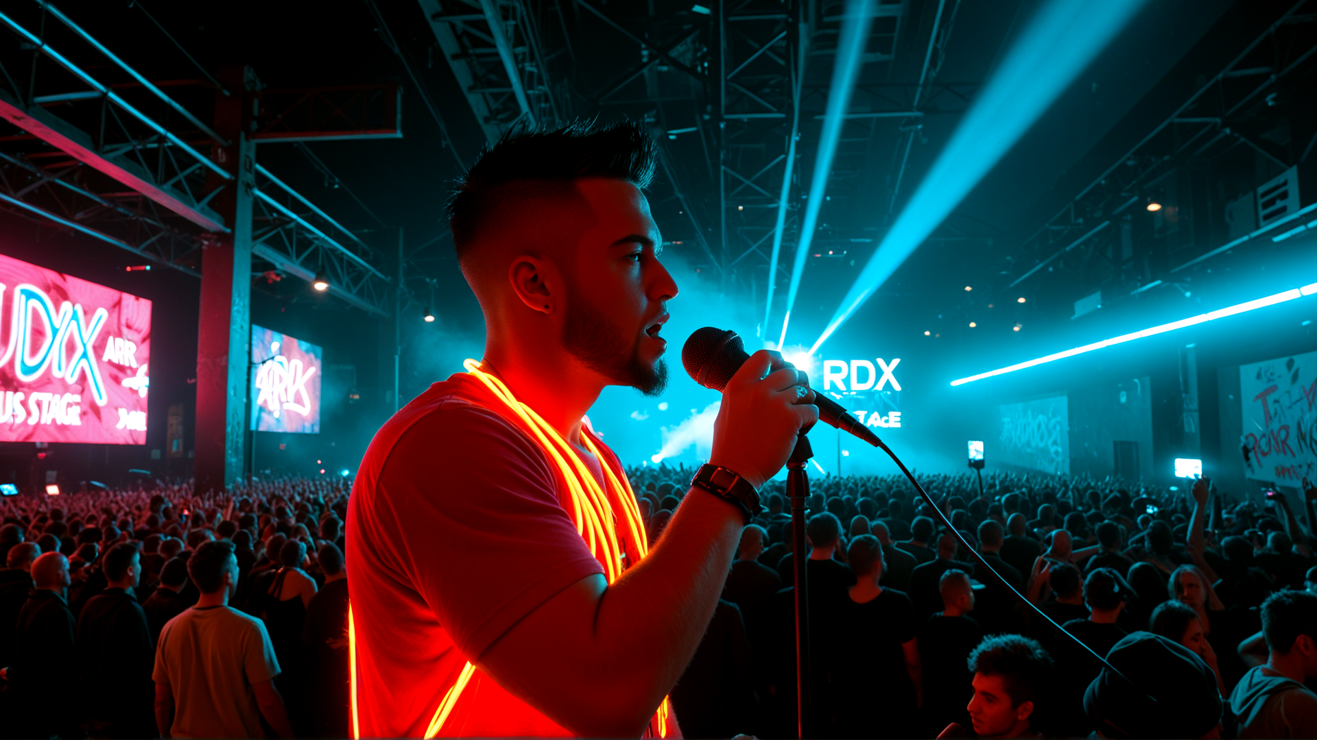 AI generated wallpaper featuring singer, crowd, stage, microphone, lights, led, neon, audience, event, screen