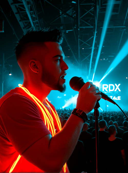 singer, crowd, stage, microphone, lights, led, neon, audience, event, screen