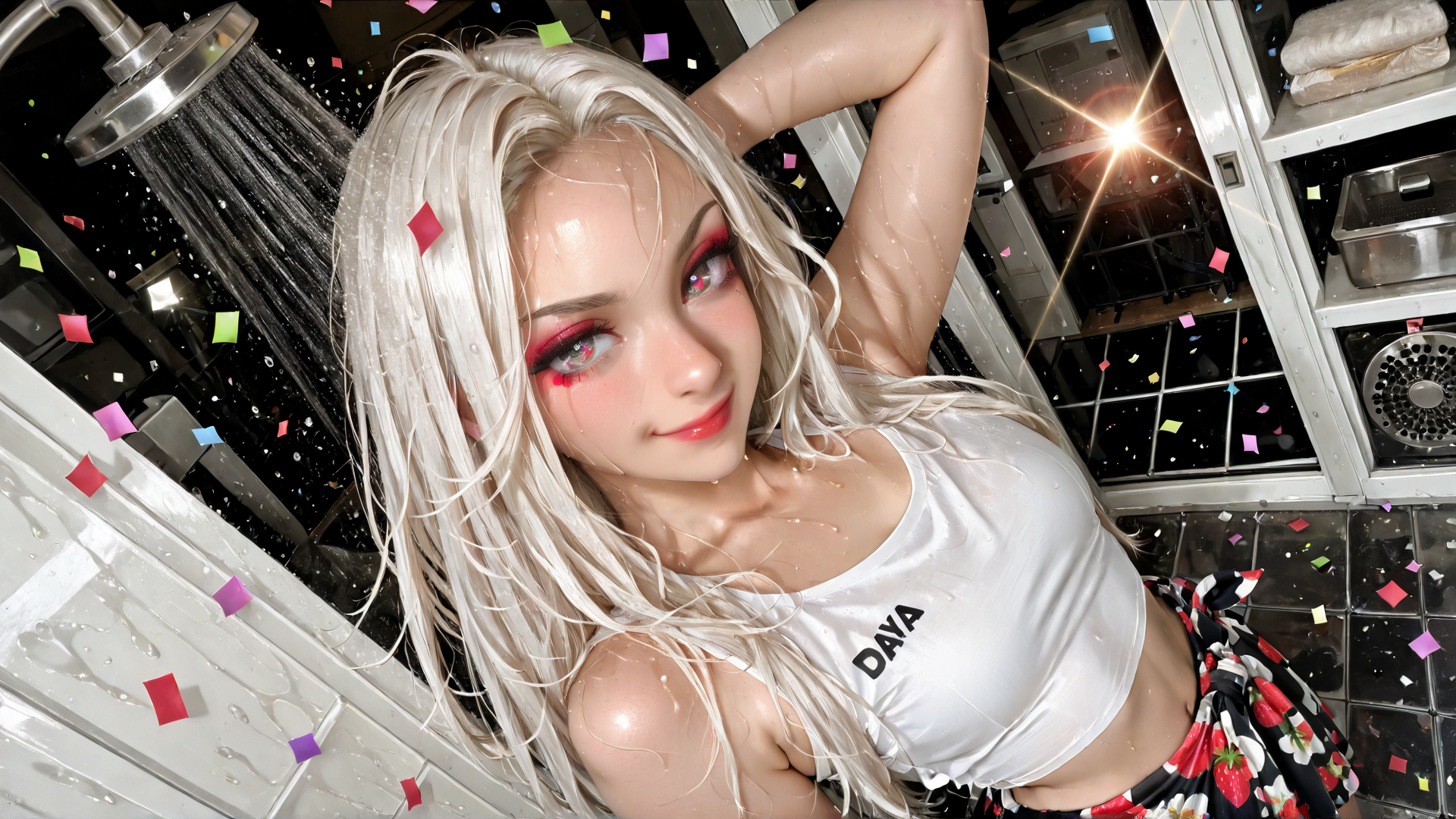 AI generated wallpaper featuring blonde, woman, confetti, shower, tanktop, bikini, water