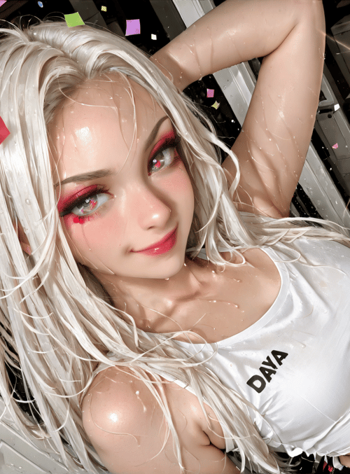 blonde, woman, confetti, shower, tanktop, bikini, water