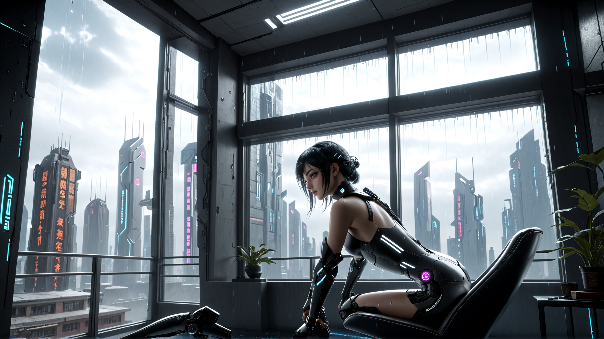 AI generated wallpaper featuring cyborg, woman, cityscape