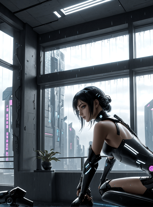 cyborg, woman, cityscape