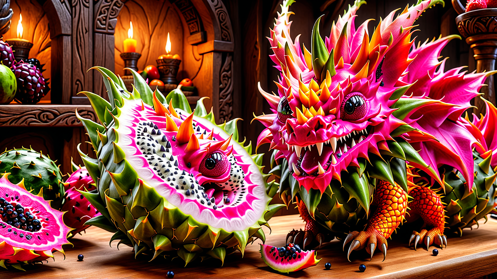 AI generated wallpaper featuring dragon, dragon fruit, fruit