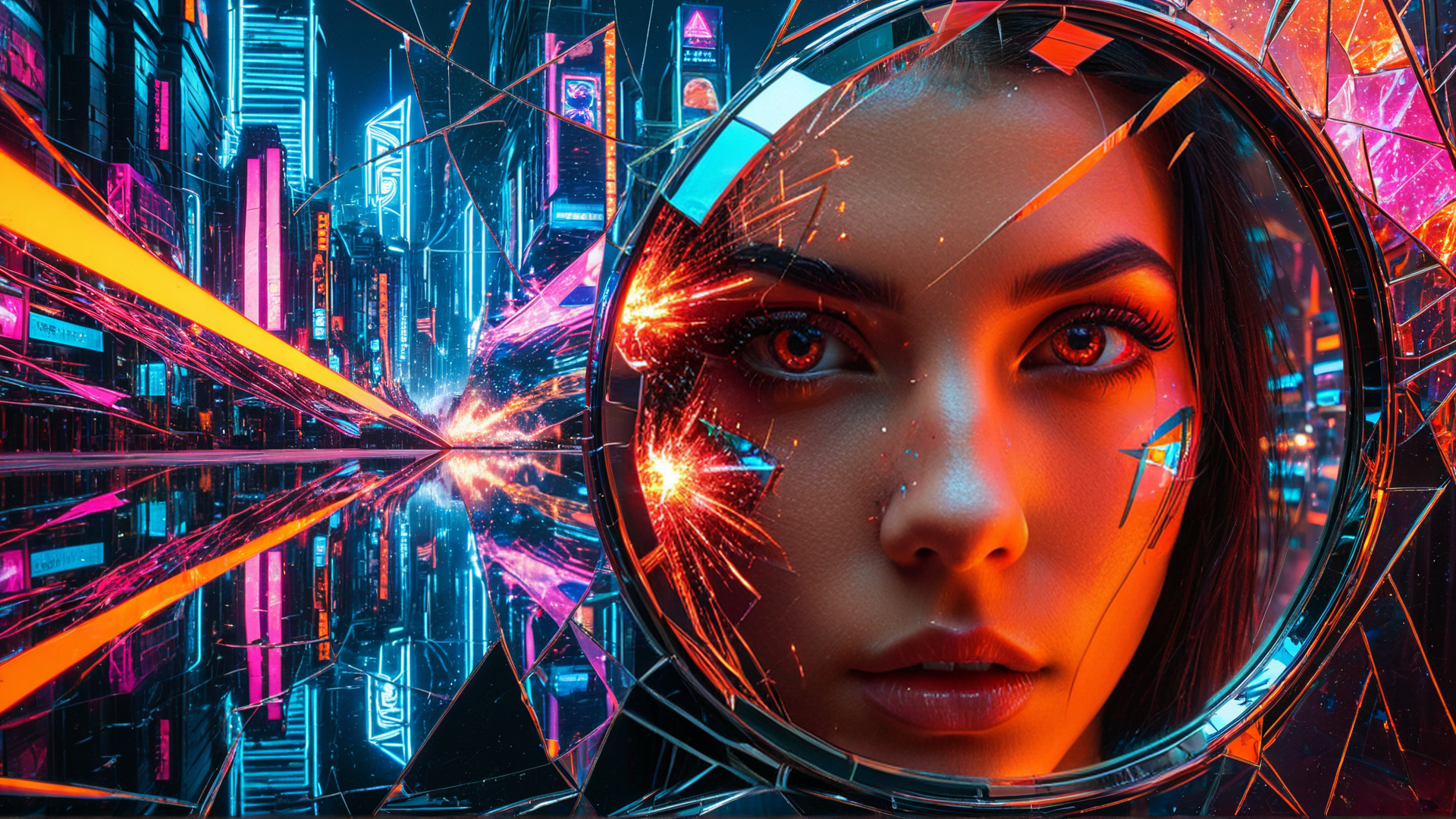 AI generated wallpaper featuring face, cityscape, glass, neon, mirror