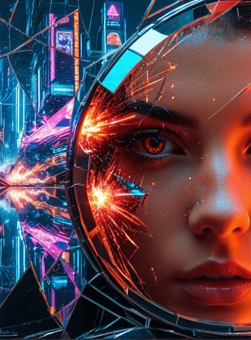 face, cityscape, glass, neon, mirror