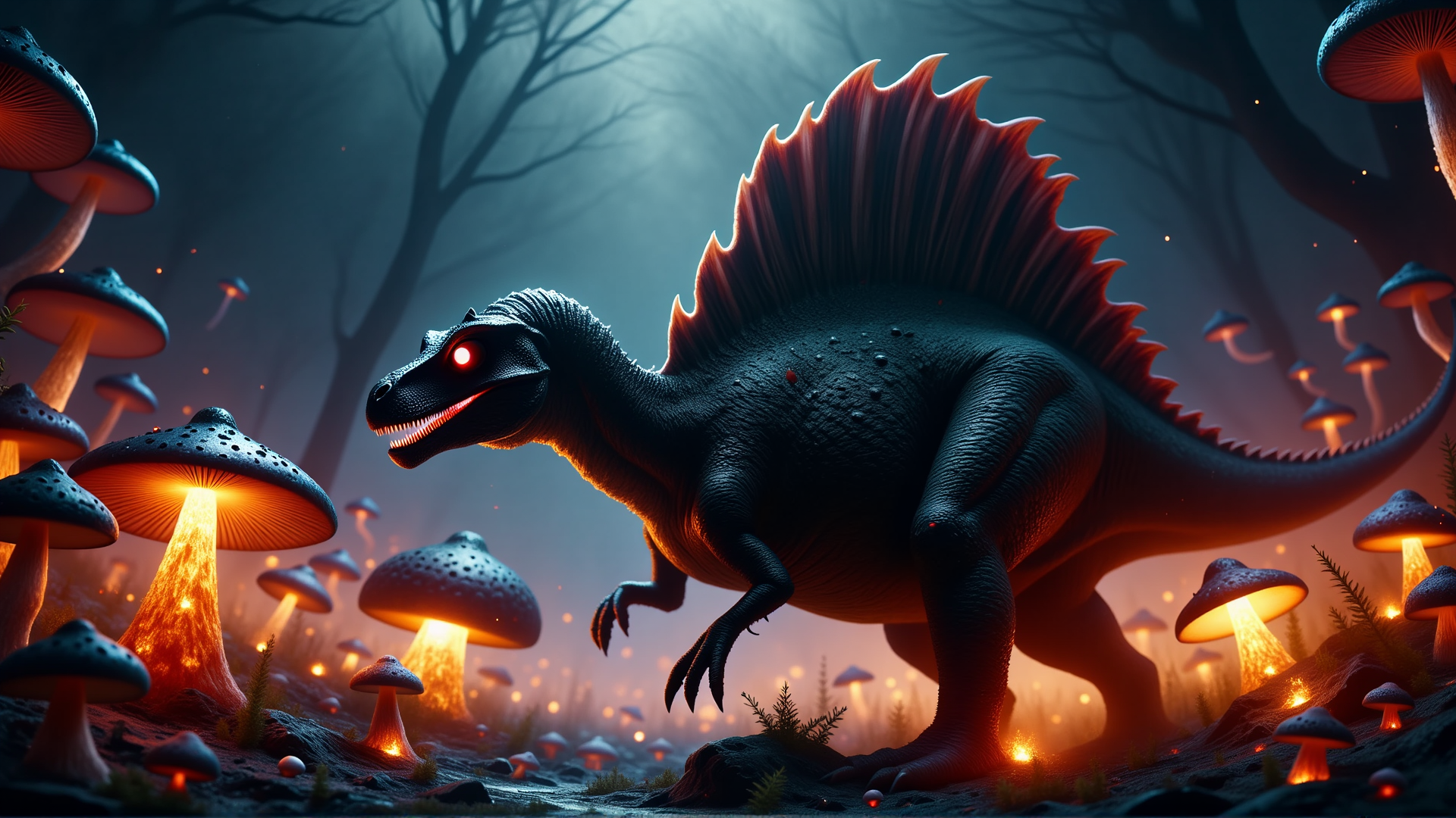 AI generated wallpaper featuring dinosaur, mushroom, forest