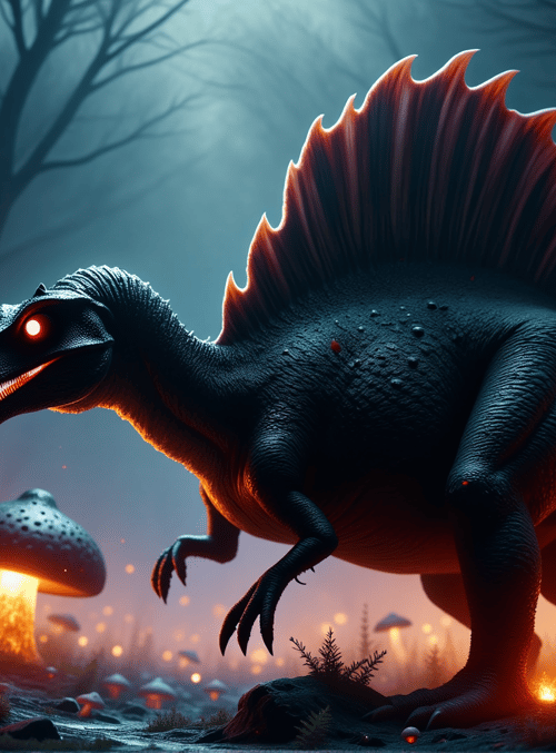 dinosaur, mushroom, forest