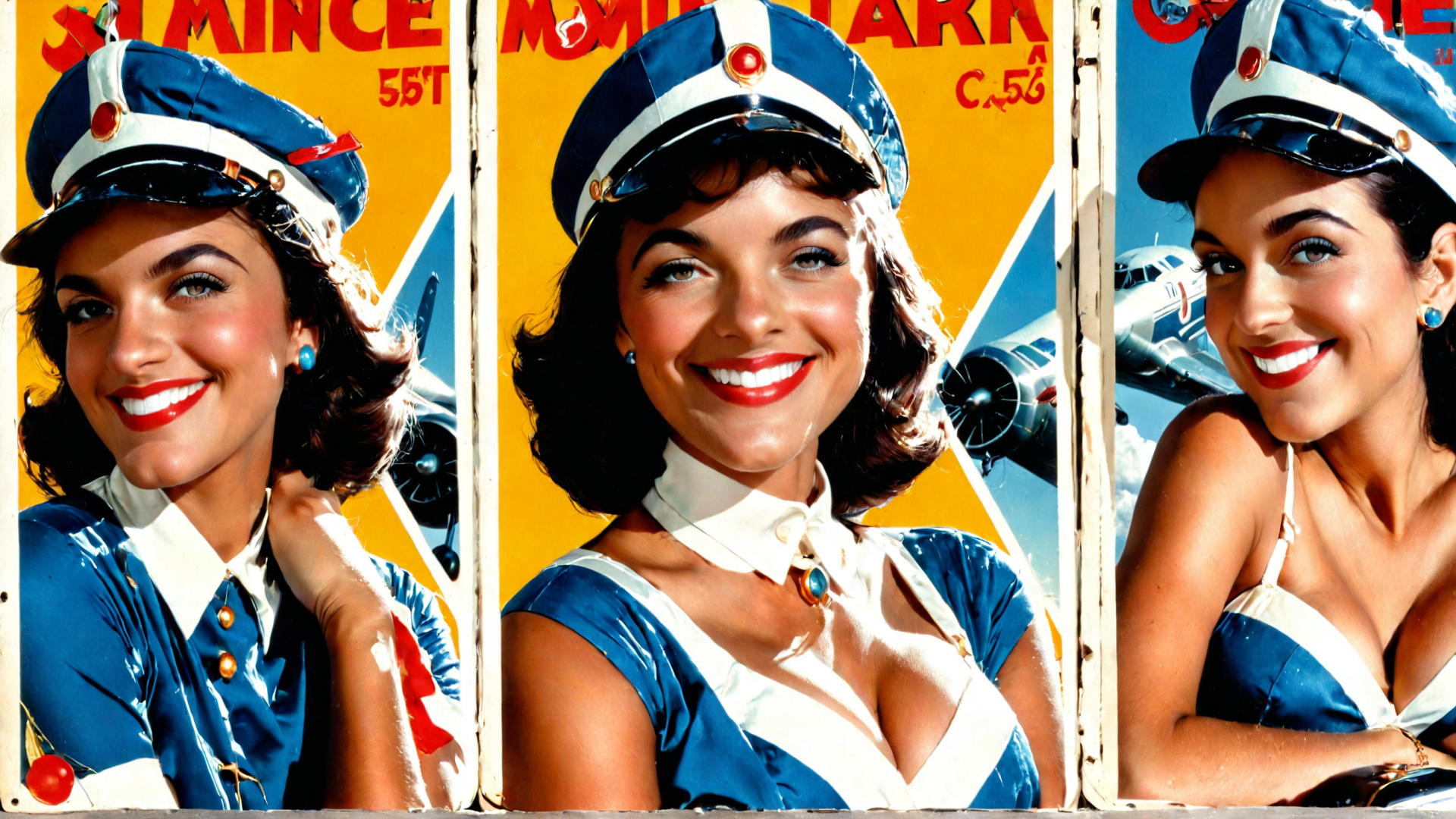 AI generated wallpaper featuring women, air hostess, uniform, cap, airplane, poster, vintage, magazine, cover, smile