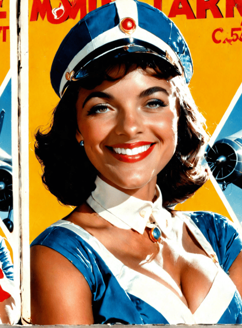 women, air hostess, uniform, cap, airplane, poster, vintage, magazine, cover, smile