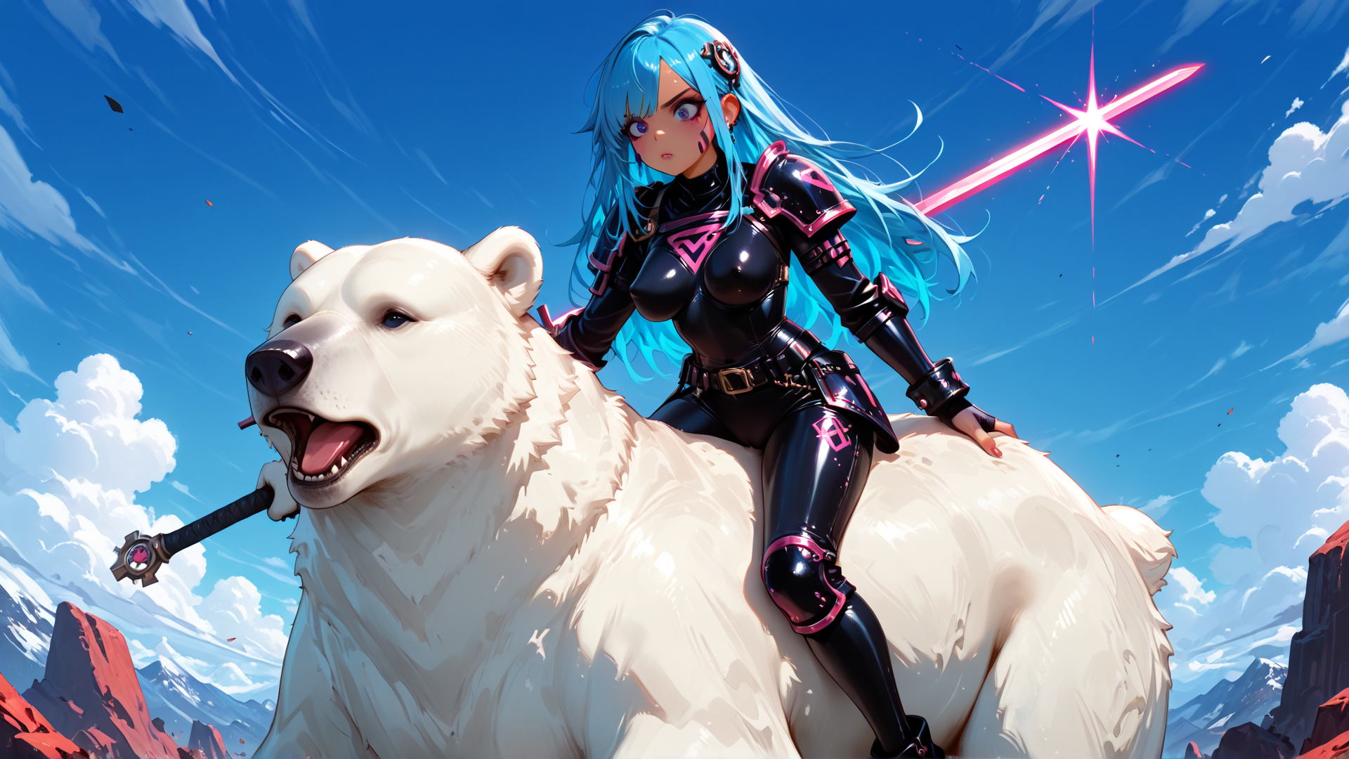 AI generated wallpaper featuring cyberpunk girl, polar bear, sword, clouds, mountains