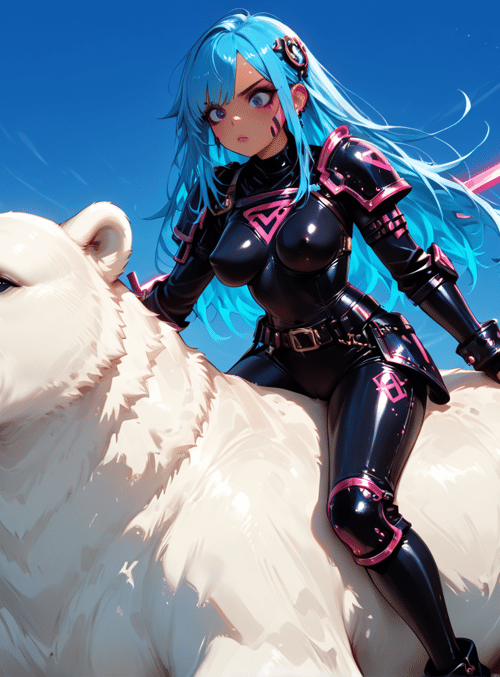 cyberpunk girl, polar bear, sword, clouds, mountains