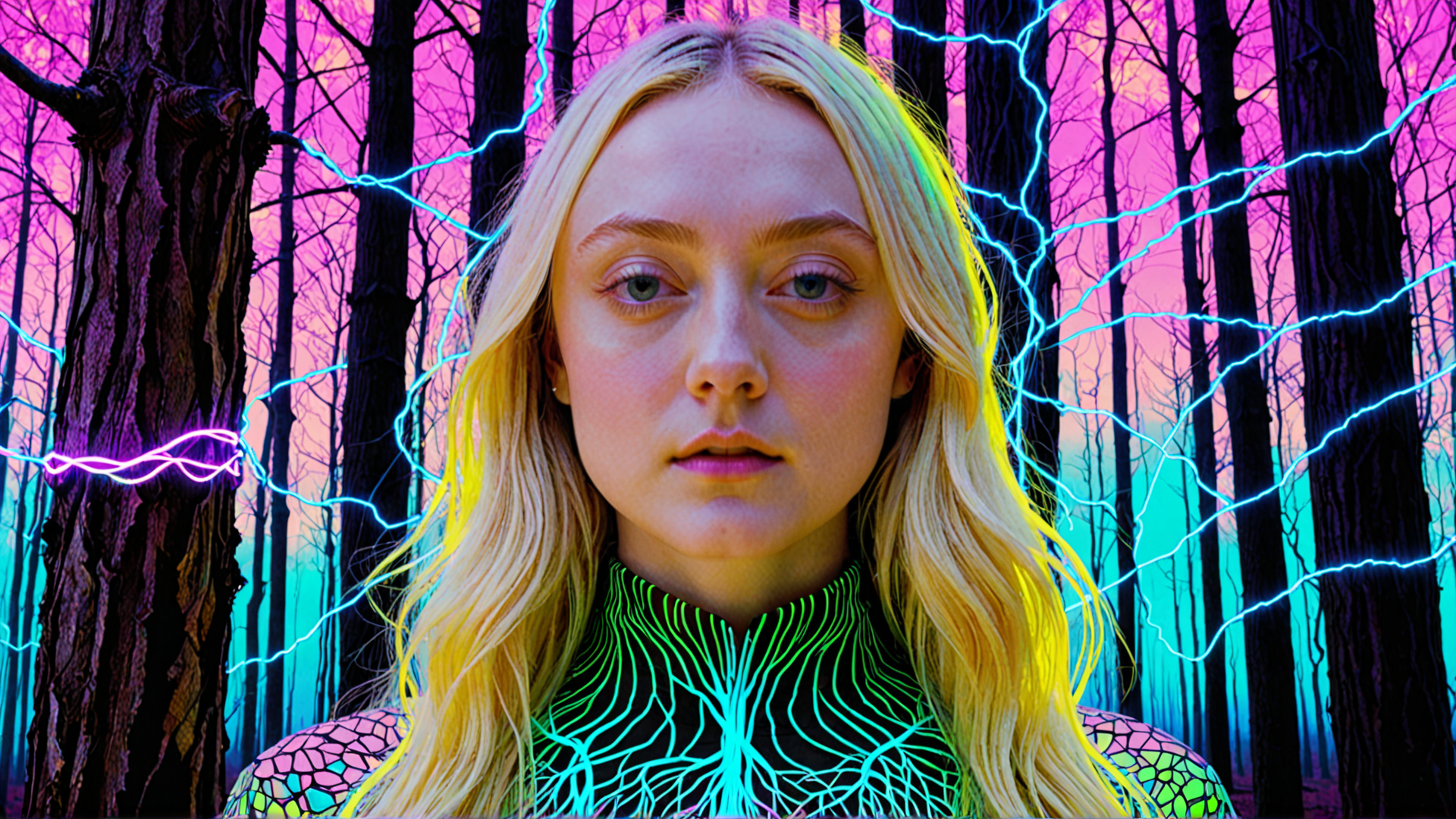 AI generated wallpaper featuring woman, trees, neon, lightning