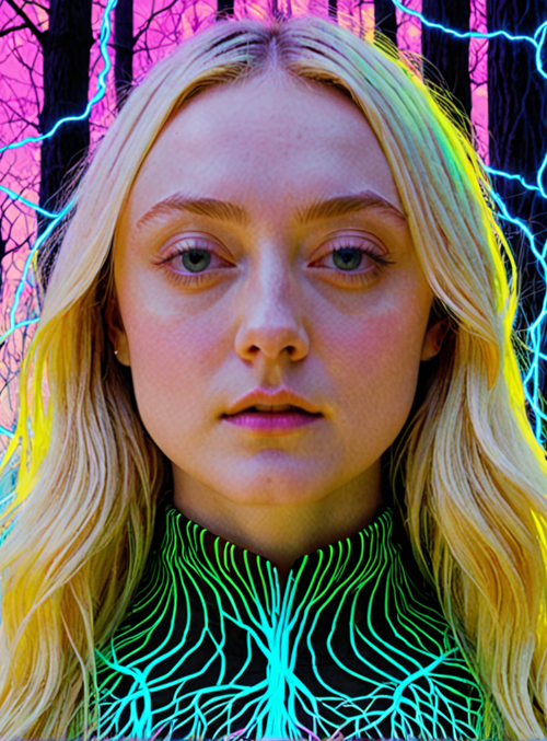 woman, trees, neon, lightning