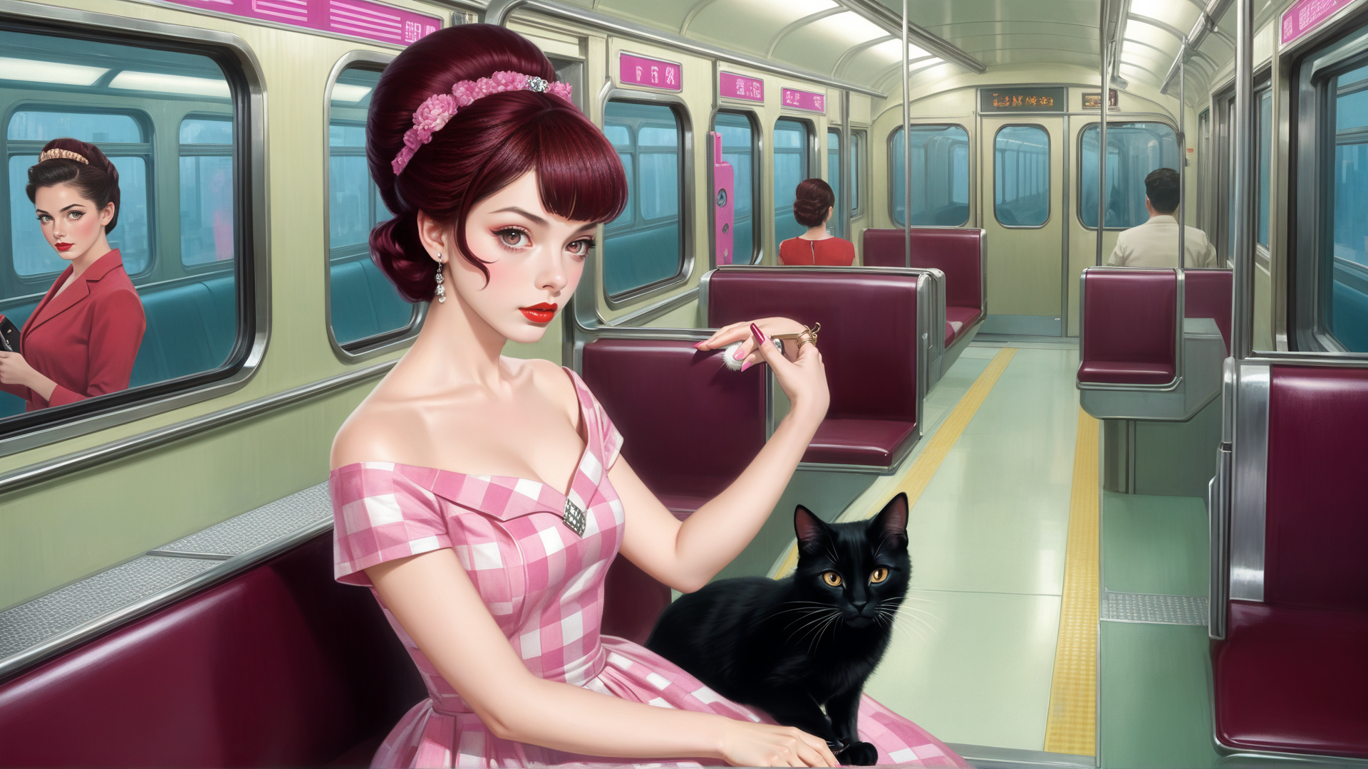 AI generated wallpaper featuring woman, cat, subway, train, dress