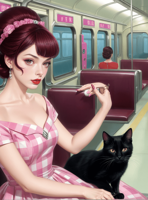 woman, cat, subway, train, dress