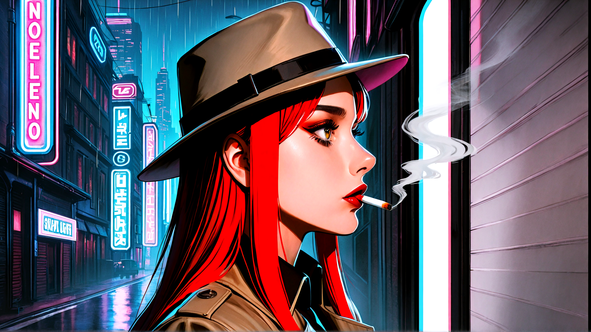 AI generated wallpaper featuring woman, red hair, hat, cigarette, cityscape, neon lights, rain, building, smoke, urban