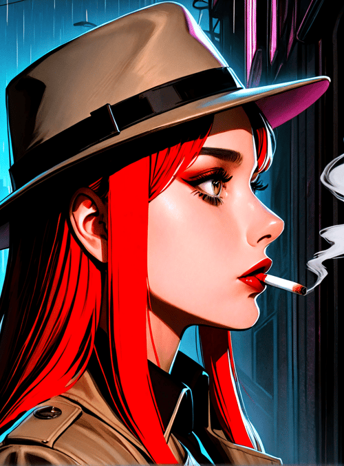 woman, red hair, hat, cigarette, cityscape, neon lights, rain, building, smoke, urban