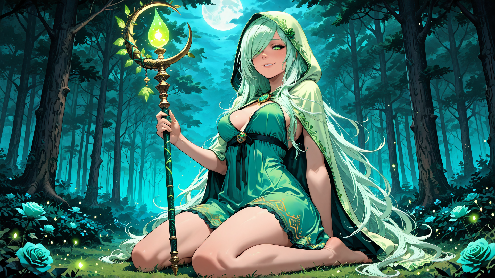 AI generated wallpaper featuring witch, forest, crescent, moon, stick, dress, roses, trees, light, hood