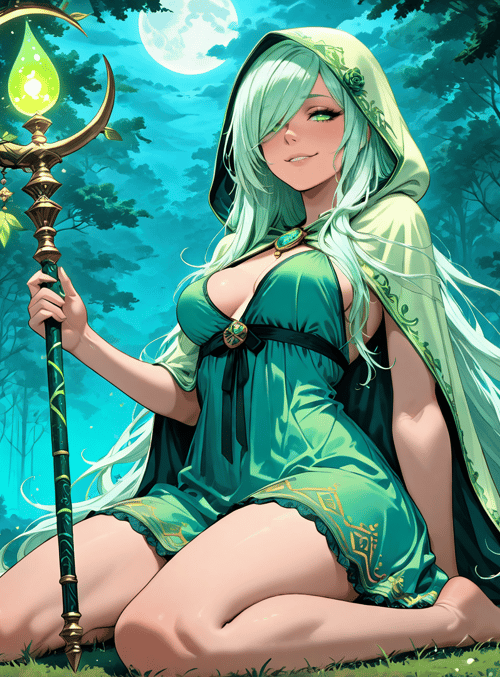 witch, forest, crescent, moon, stick, dress, roses, trees, light, hood