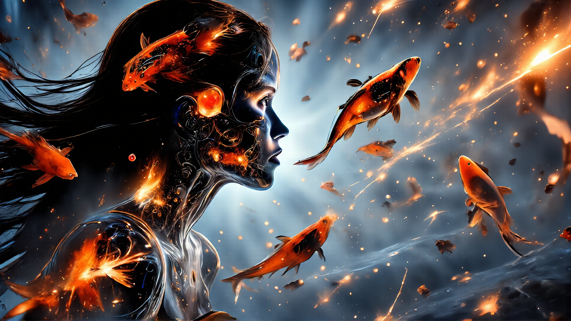 AI generated wallpaper featuring woman, fish, fire, light, particles