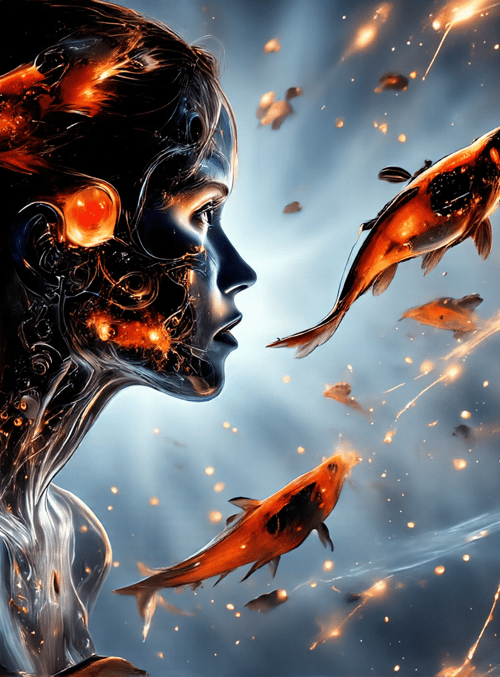 woman, fish, fire, light, particles