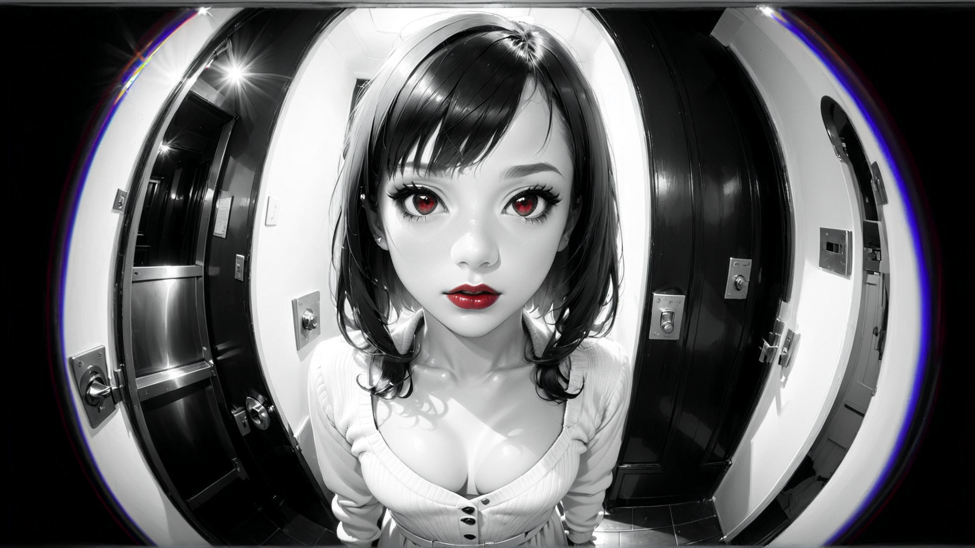 AI generated wallpaper featuring woman, anime, fisheye, mirror, corridor, door, light, hair, dress, face