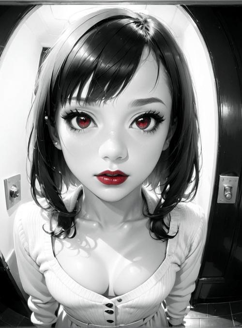 woman, anime, fisheye, mirror, corridor, door, light, hair, dress, face