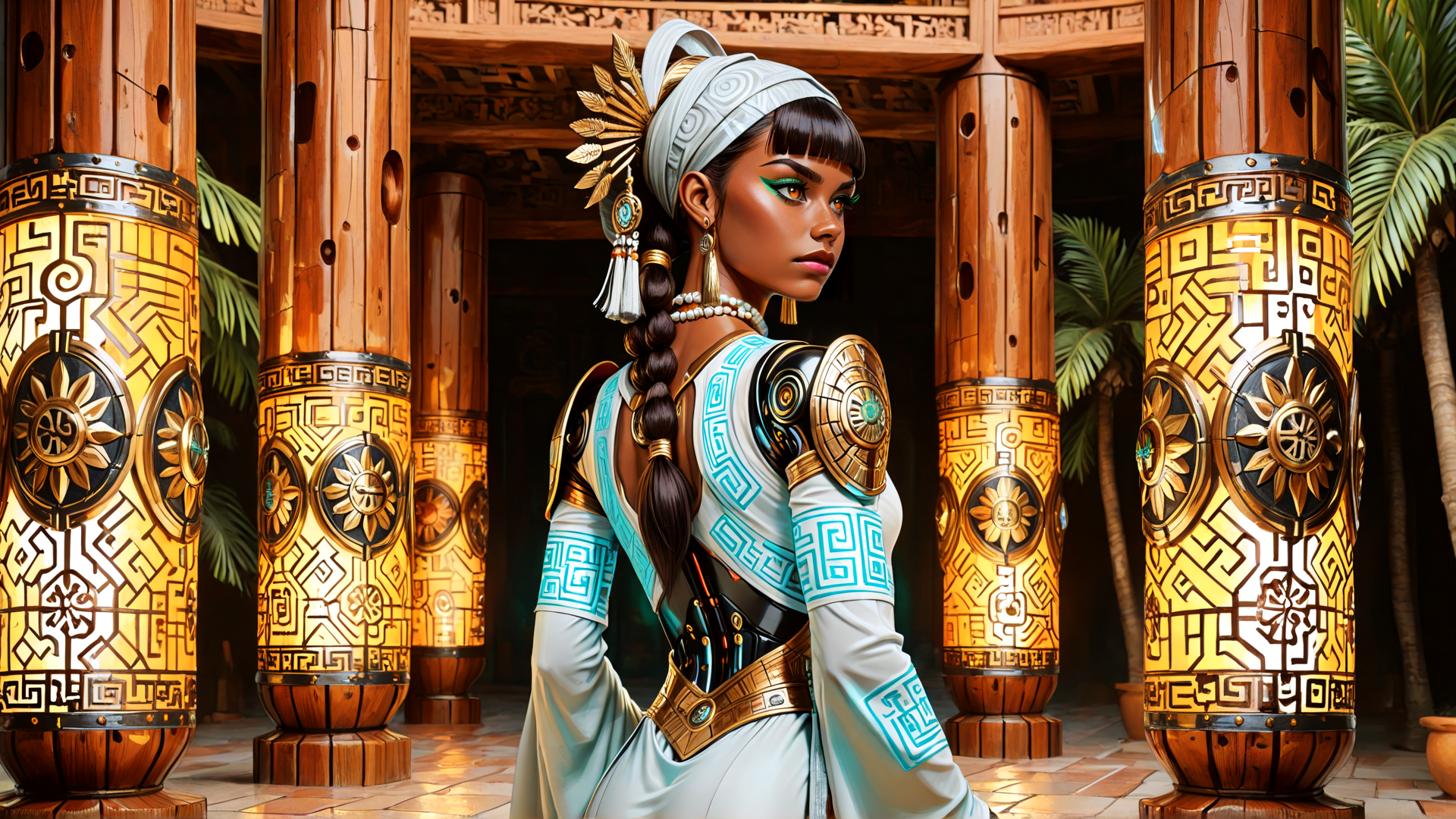 AI generated wallpaper featuring woman, columns, headdress, dress, jewelry, feathers, palm trees, ancient, ornament, architecture