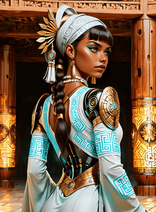 woman, columns, headdress, dress, jewelry, feathers, palm trees, ancient, ornament, architecture