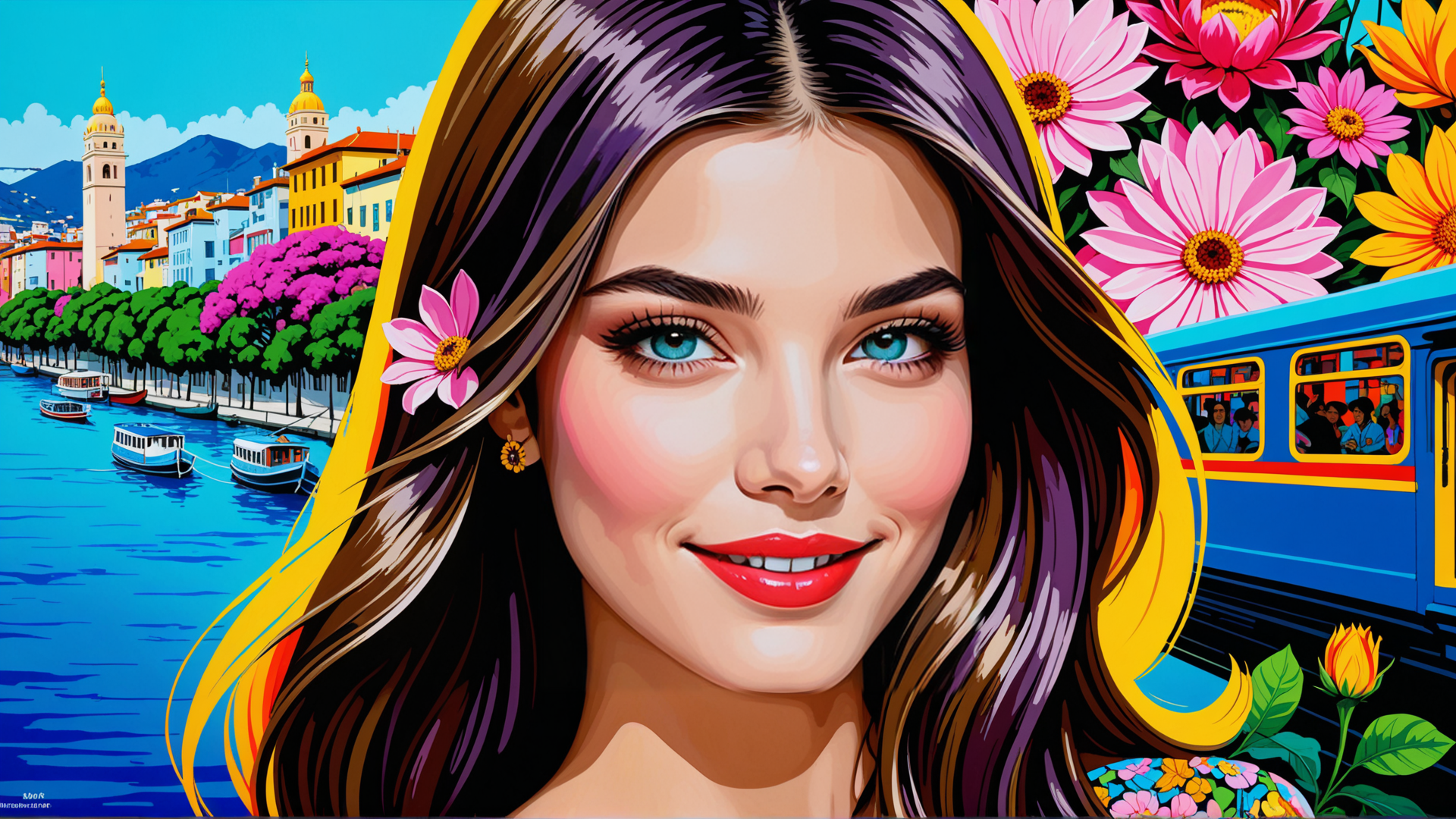 AI generated wallpaper featuring woman, flowers, cityscape, boat, train, trees, buildings, sun, water, earring