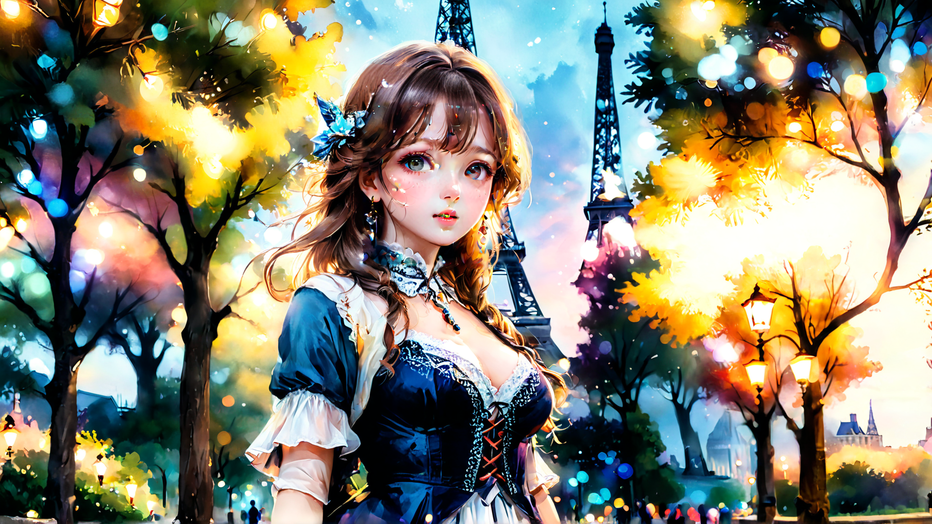 AI generated wallpaper featuring girl, eiffel tower, trees