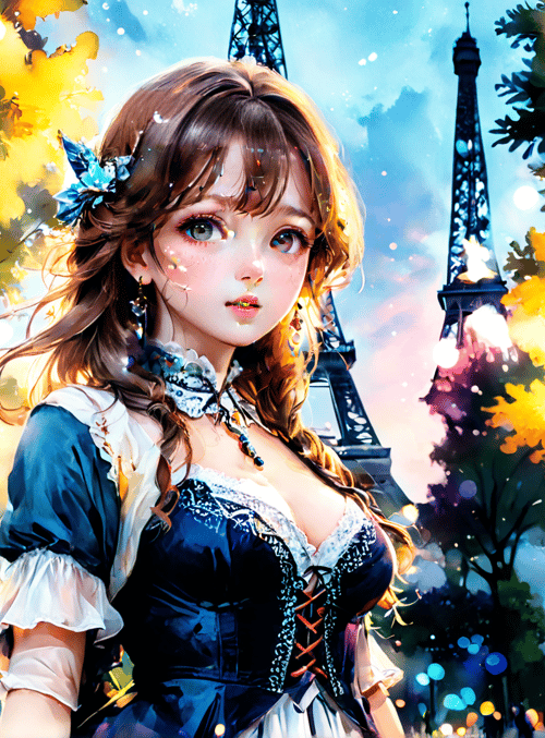 girl, eiffel tower, trees