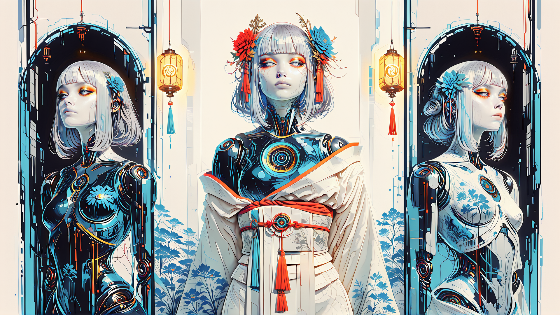 AI generated wallpaper featuring robot, woman, cyborg, lantern, flower, sash, kimono, mechanical, ornament, tassel