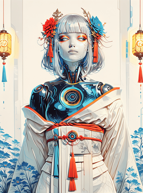 robot, woman, cyborg, lantern, flower, sash, kimono, mechanical, ornament, tassel