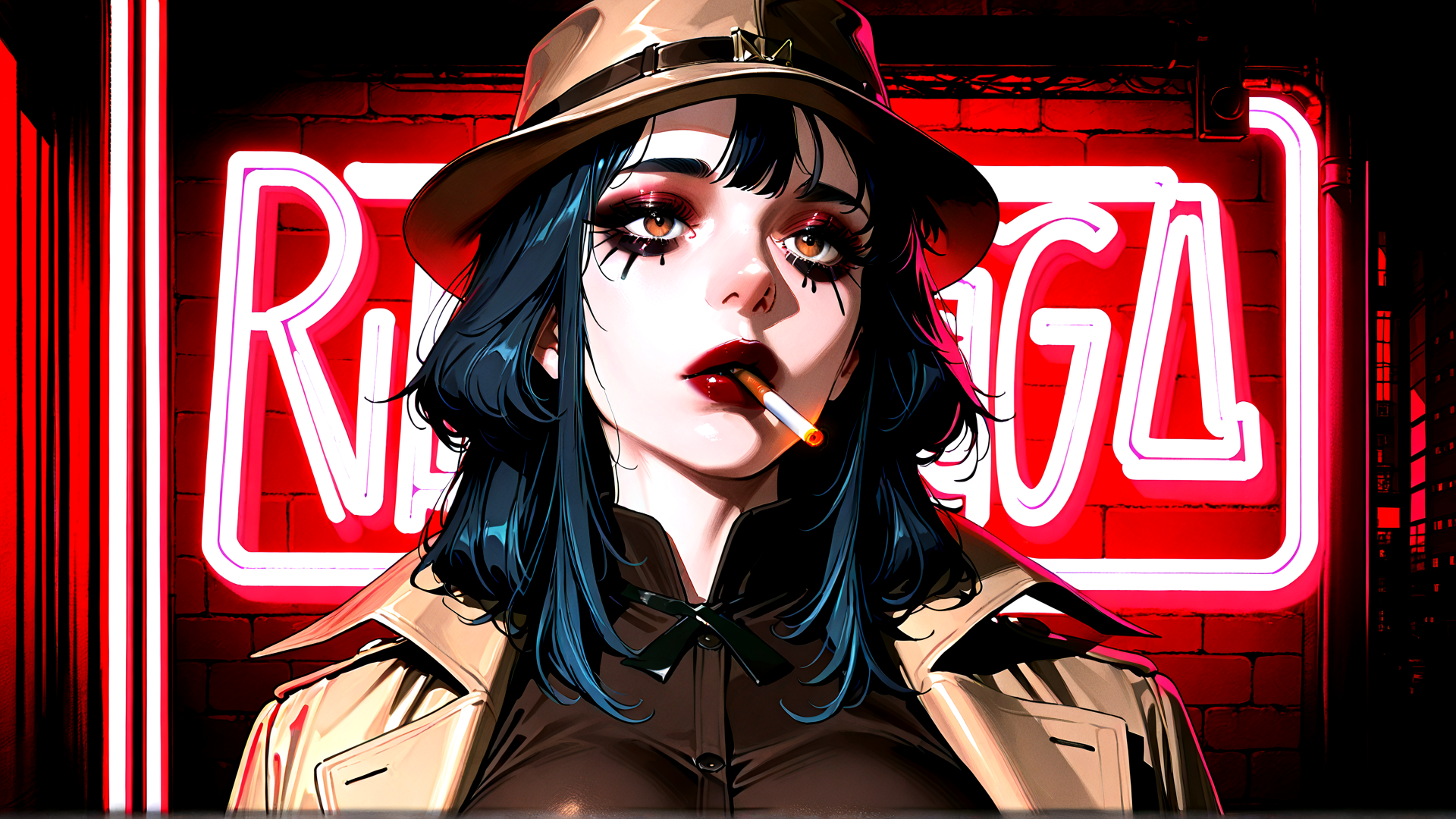 AI generated wallpaper featuring woman, neon sign, hat, cigarette, coat, hair