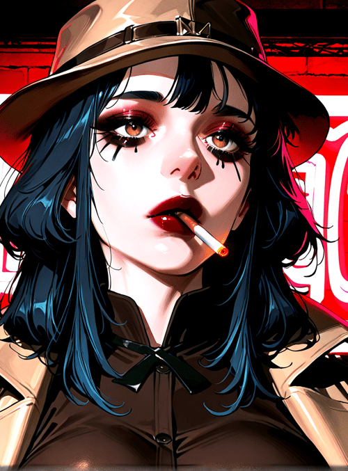 woman, neon sign, hat, cigarette, coat, hair