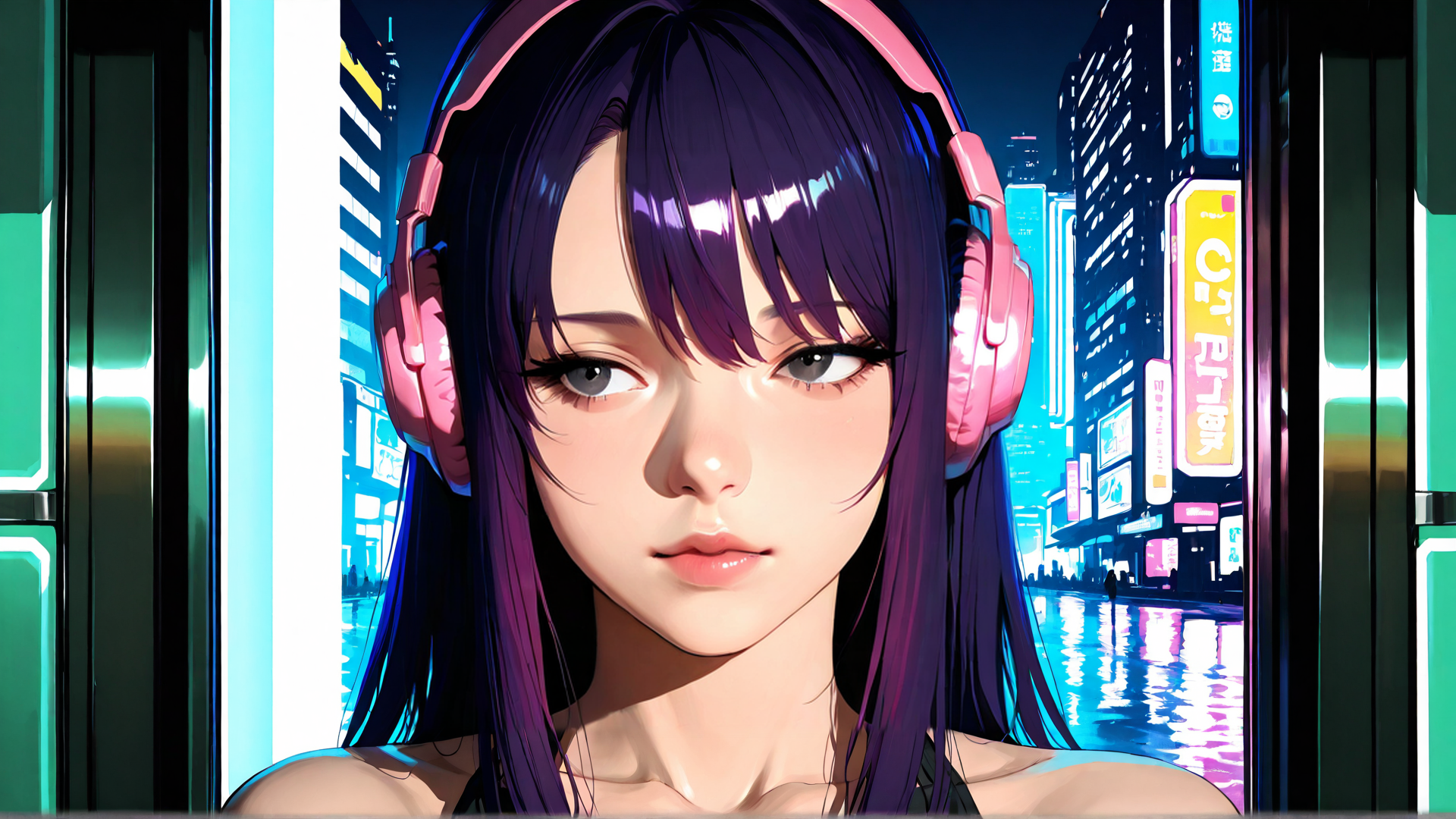 AI generated wallpaper featuring girl, headphones, cityscape, neon, urban