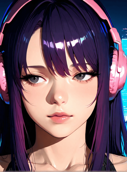 girl, headphones, cityscape, neon, urban