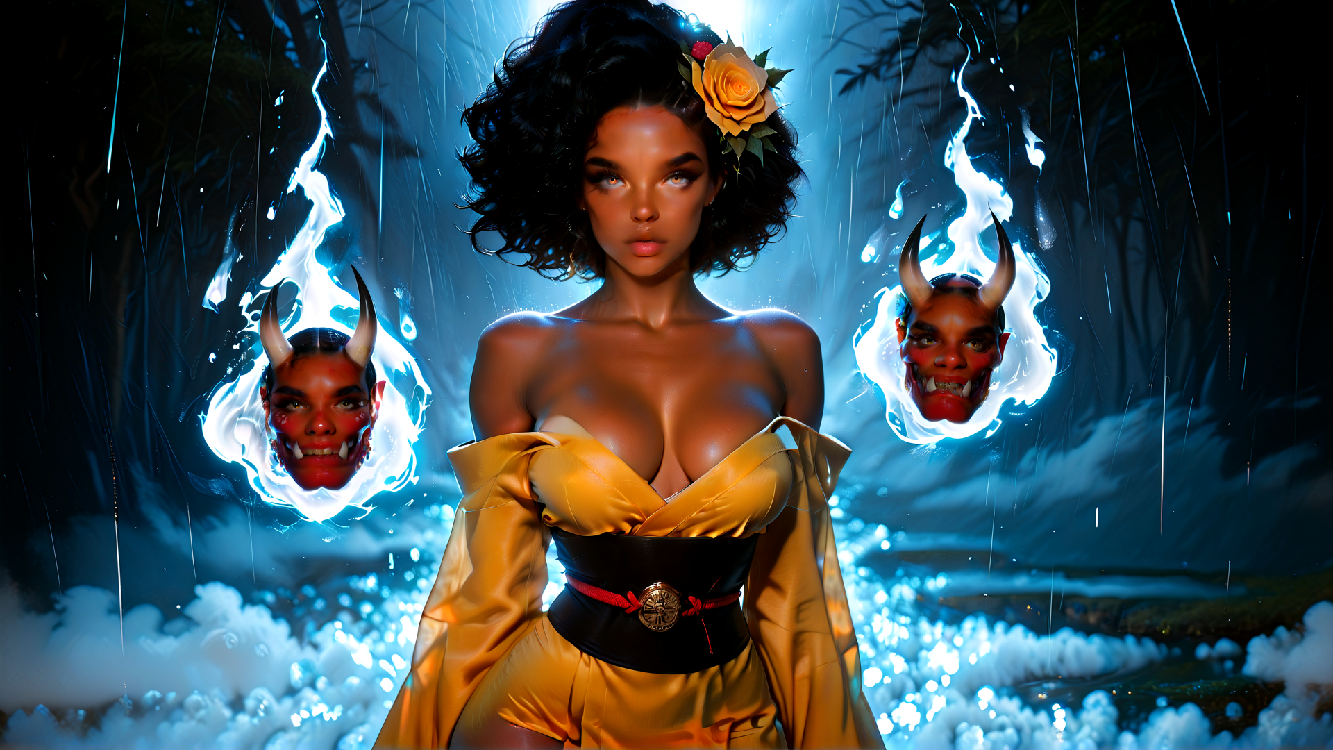 AI generated wallpaper featuring woman, devils, roses, forest, rain