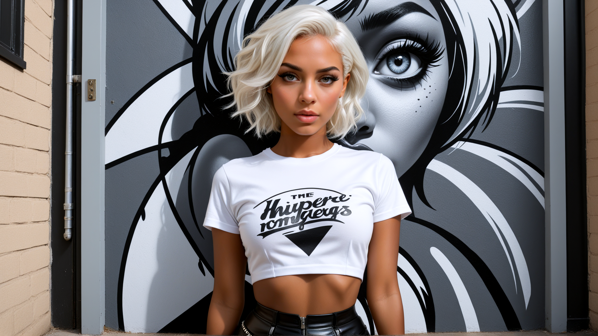 AI generated wallpaper featuring woman, graffiti, t-shirt, street art, portrait